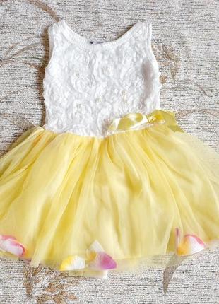 Святкова, нарядна фатінова лимонна мереживна сукня, плаття. на 1,5-2 роки. нарядное кружевное лимонное фатиговое платье