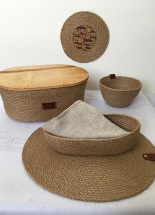 Хлебница джутовая с деревянной или джутовой крышкой, плейсматы под тарелки1 фото