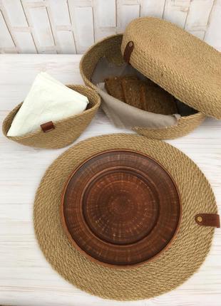 Хлебница джутовая с деревянной или джутовой крышкой, плейсматы под тарелки3 фото