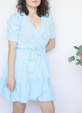 Голубое платье в мелкий горошек с оборками2 фото