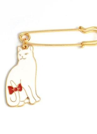 Брошка/бавка кіт із бантиком біла металева