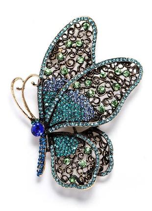 Брошь булавка винтажная бабочка с салатовыми камнями в голубом обрамлении