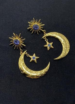 Серьги-подвески женские (бижутерия) с луной и звездами oxa золотистые4 фото