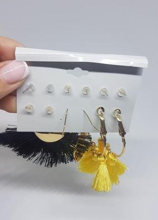 Комплект женских сережек (6 пар) серьги набор ( кисточки, гвоздики, кольца)4 фото
