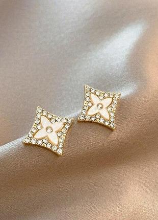 Елегантні сережки жіночі гвоздики ромби з кристалами oxa золотисто-білі