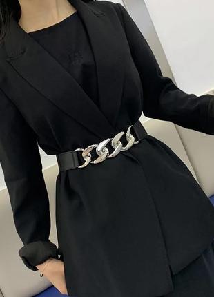 Еластичний пояс ремінь чорний жіночий зі сріблястою пряжкою ланцюгом широкою8 фото