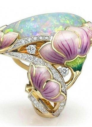 Женское кольцо / перстень с искусственными цветами и камнями oxa золотистое (16)2 фото