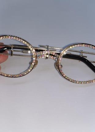 Имиджевые очки нулевки прозрачные овалы в камнях золотистые