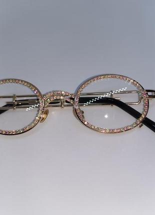 Имиджевые очки нулевки прозрачные овалы в камнях золотистые