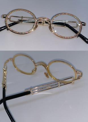 Имиджевые очки нулевки прозрачные овалы в камнях золотистые2 фото