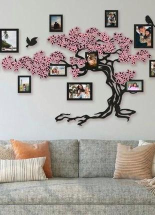 Большая фоторамка коллаж дерево сакуры на 11 фото черная с розовым (01186)