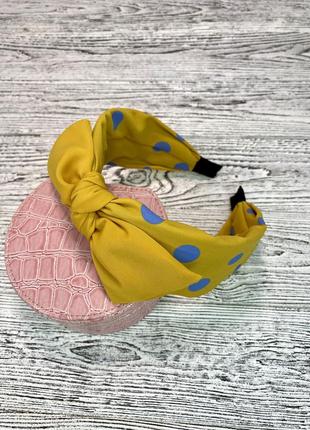 Обруч для волосся з бантом солоду обідок жіночий жовтий у блакитний горошок
