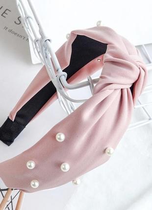 Обруч - чалма для волос с бусинами / ободок с узлом розовый (6)
