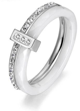 Женское керамическое кольцо двойное oxa белое с камнями из циркония размер (17)
