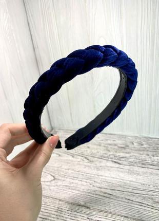 Обруч для волос коса женский бархатный ободок oxa синий (2.5)7 фото