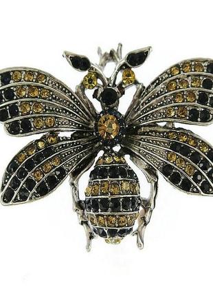 Брошь булавка бабочка с золотисто-черными камнями серебристая