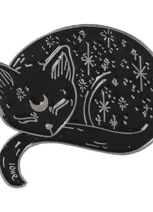 Значок пин кот черно-серебристый металлический