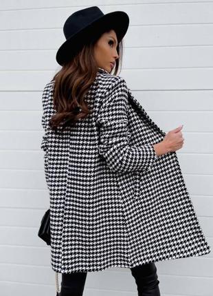 Пальто пиджак твидовое приталенное лапка длинное черное белое4 фото