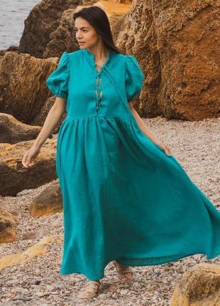Бирюзовое платье бохо с коротким рукавом из натурального льна1 фото