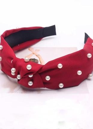 Обруч - чалма для волос женский ободок с узлом красный с бусинами