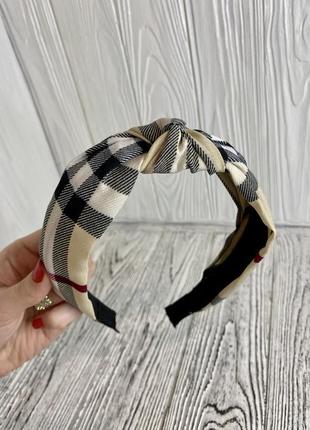 Обруч - чалма для волос ободок с узлом в клетку бежево-черный