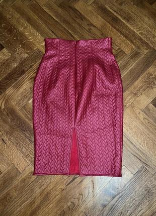Шикарная бордовая юбка из эко кожи высокая талия2 фото