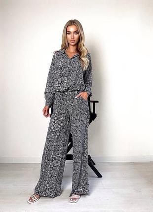 Костюм тройка брючный кроп топ рубашка брюки штаны широкие прямые палаццо кофта кардиган туника белый чёрный оливковый с рисунком в цветочек