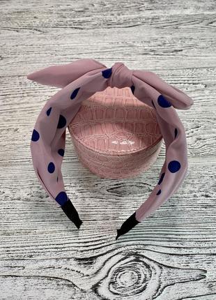 Обруч для волосся з бантом солоду обідок жіночий рожевого кольору в синій горошок2 фото