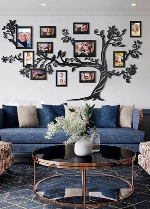 Велика фоторамка настінна колаж дерево на 11 фото чорна з птахами та квітами (00999)