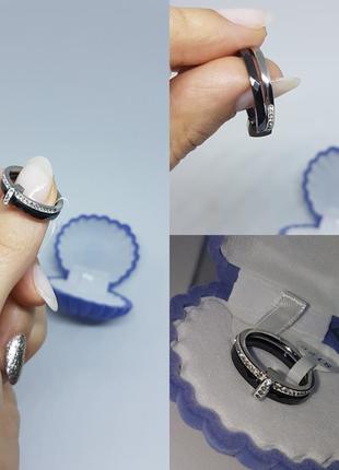 Женское керамическое кольцо двойное oxa чёрное с камнями из циркония размер (17)4 фото