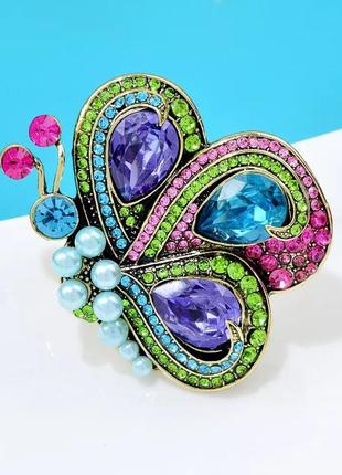 Розкішна броша булавка метелик із яскравим камінням і перлами блакитного кольору вінтажна2 фото