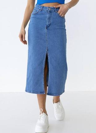 Юбка джинсовая длинная с разрезом высокая синяя голубая светлая