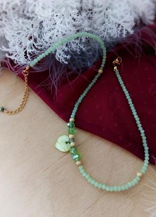 Чокер ракушки перламутр натуральный сердце зеленый мятный золотистый хрусталь ожерелье колье на шею подарок