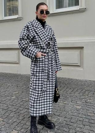 Пальто леопард довге халат на запах гусина лапка вовна