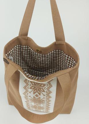 Текстильная сумка-тоут ручной работы вышиванка (бежевый)2 фото