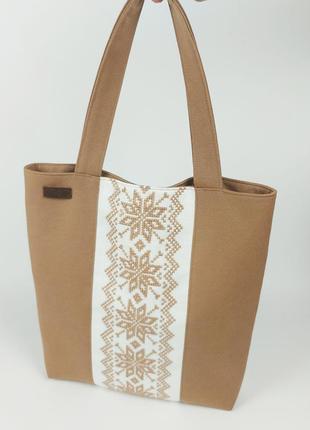 Текстильная сумка-тоут ручной работы вышиванка (бежевый)3 фото