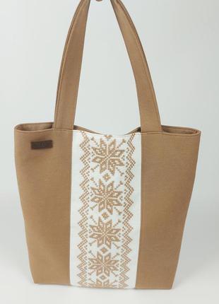 Текстильная сумка-тоут ручной работы вышиванка (бежевый)6 фото