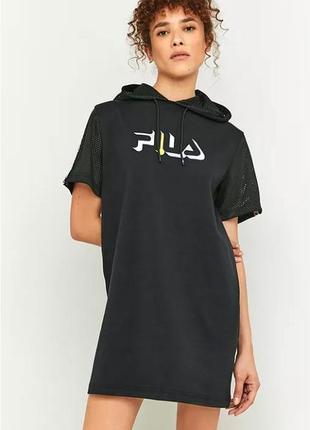 Fila черное прямое спортивное мини платье с лого и лампасами, платье с сетчатым капюшоном и рукавами2 фото