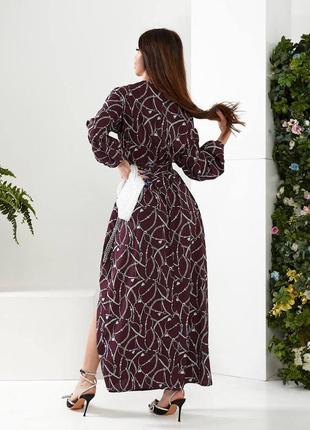 Платье миди на запах бордовое с принтом на длинный рукав с поясом качественная трендовая2 фото