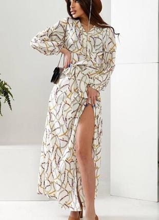 Сукня міді на запах біла з принтом на довгий рукав з поясом якісна стильна трендова