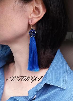 Сережки довгі китиці, сережки пензлика блакитного кольору, сережки нарядні3 фото