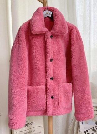 Яркая куртка свободного кроя тедди розовая пастель 46-52