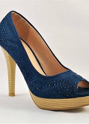 Женские синие туфли на каблуке шпильке5 фото