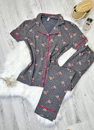 Натуральна сіра хлопкова піжама/домашній костюм сорочка з коротким рукавом і штани s-xl
