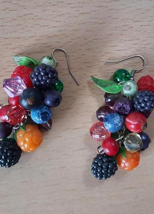 Ягод комплект серьги кулон малин лист лот черник красн hand made ручн работ гроздь кисти цвет лист полимер лот необыч набор глина5 фото