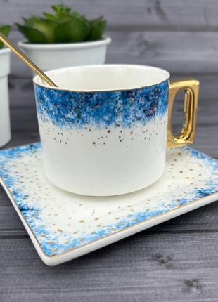 Керамическая чашка с блюдцем и ложечкой space dust голубая
