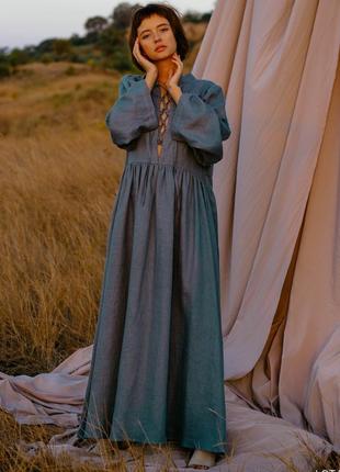 Бирюзовое платье в стиле бохо из натурального льна1 фото