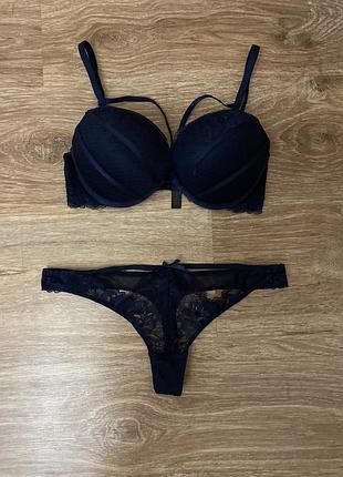 Шикарный, ажурный, базовый, комплект, нижнее, бельё, с супер пуш апом, темно синего цвета, от бренда: secret possessions👌