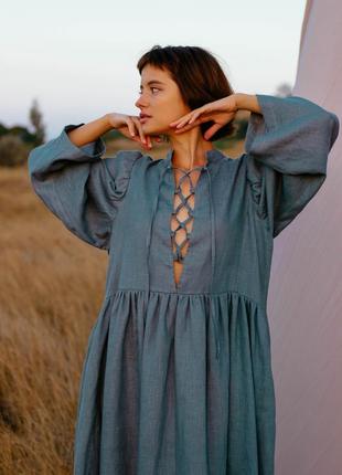 Бирюзовое платье в стиле бохо из натурального льна3 фото