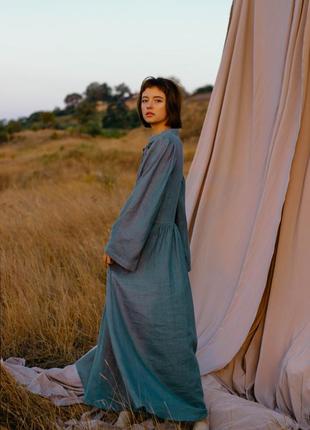 Бирюзовое платье в стиле бохо из натурального льна6 фото